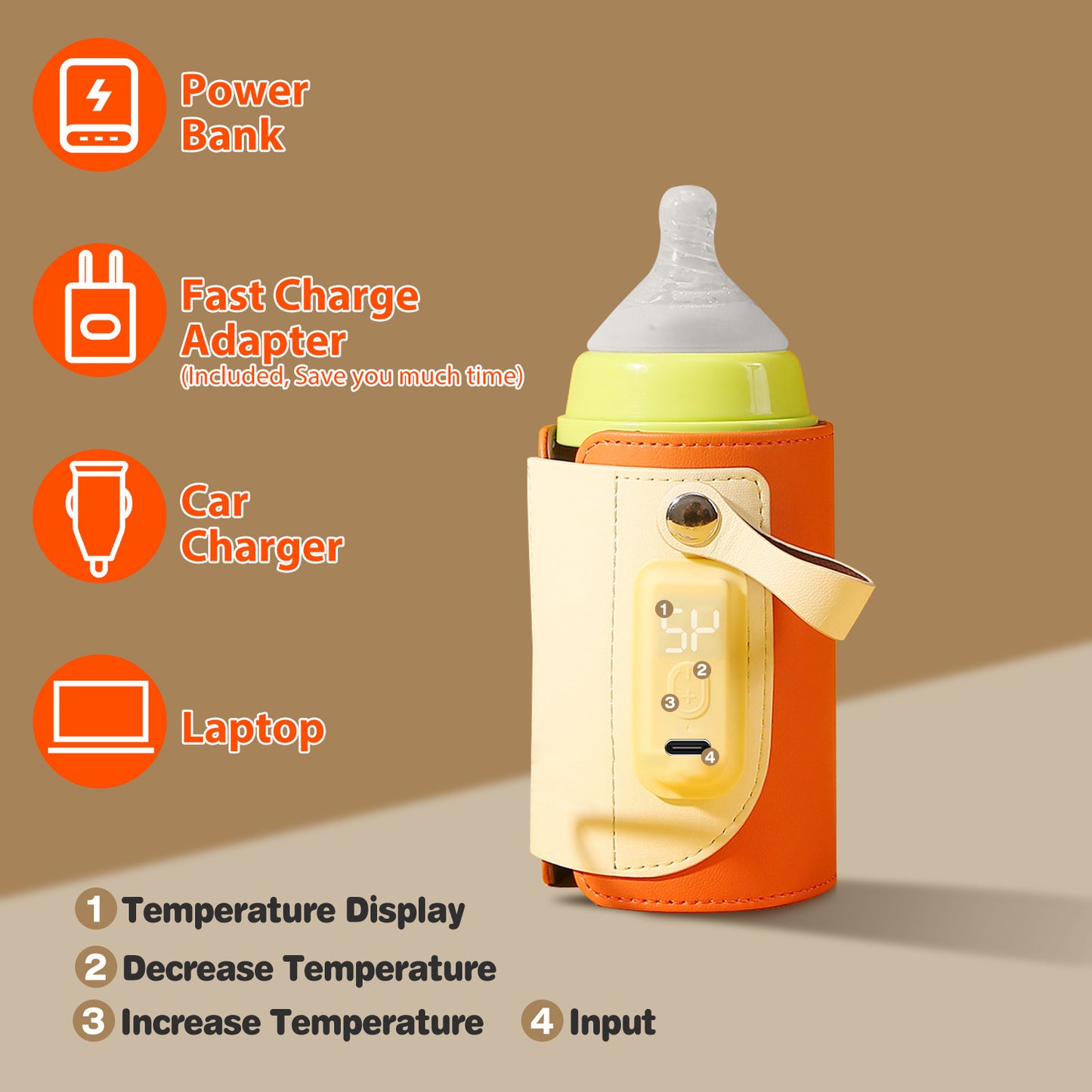1Pc Portable Baby Milk Warmer 5 Temperature Adjustable Handhold Bottle Warmer With Fast Charge Adapter For Outdoor Car Travel