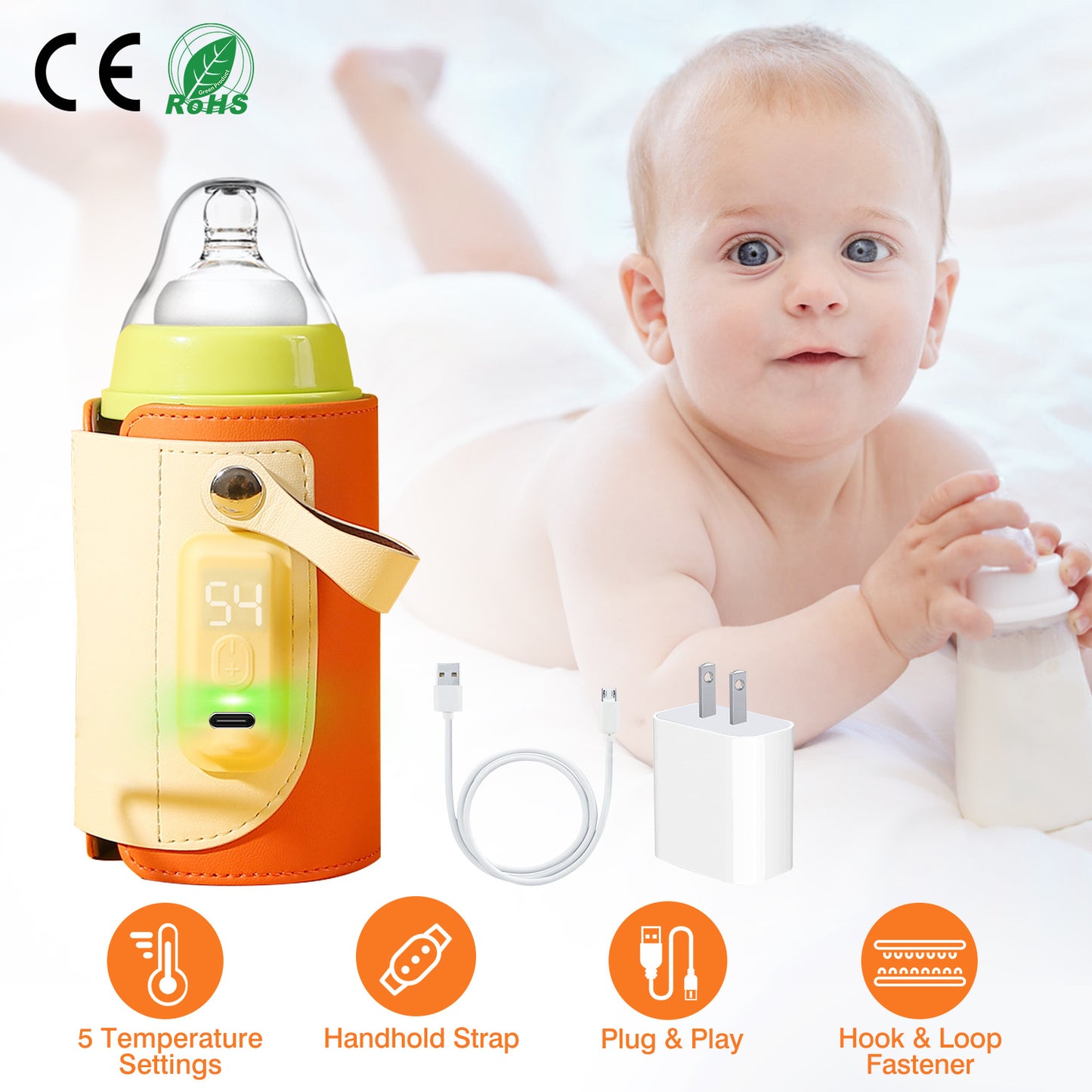 1Pc Portable Baby Milk Warmer 5 Temperature Adjustable Handhold Bottle Warmer With Fast Charge Adapter For Outdoor Car Travel
