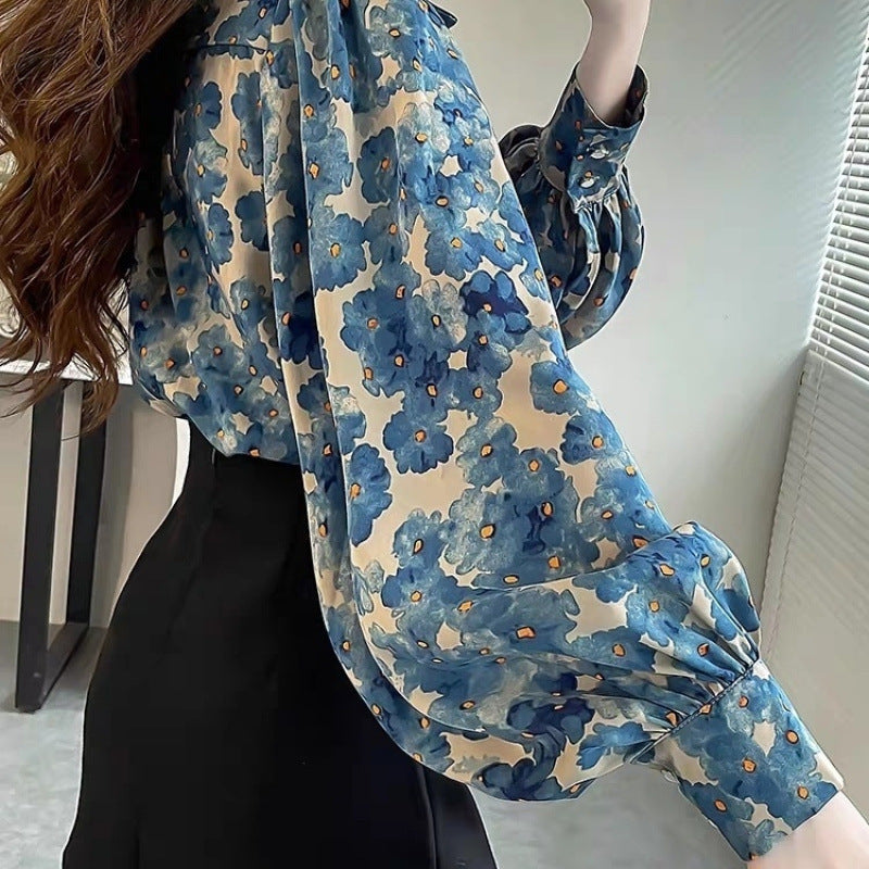 Niche Floral Top Temperament Slimming Lantern Sleeves Shirt