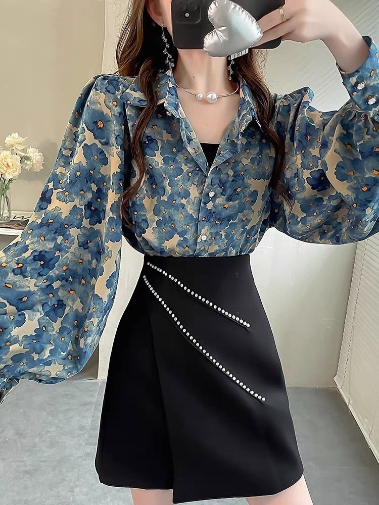 Niche Floral Top Temperament Slimming Lantern Sleeves Shirt
