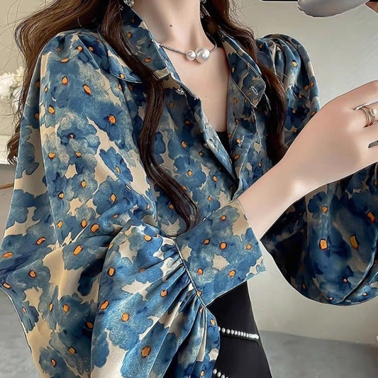 Niche Floral Top Temperament Slimming Lantern Sleeves Shirt