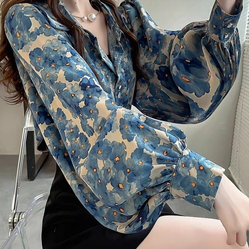 Niche Floral Top Temperament Slimming Lantern Sleeves Shirt
