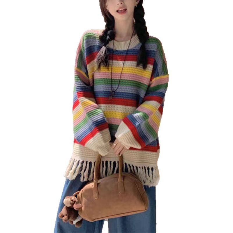 Rainbow Striped Tassel Hollow Out Sweater